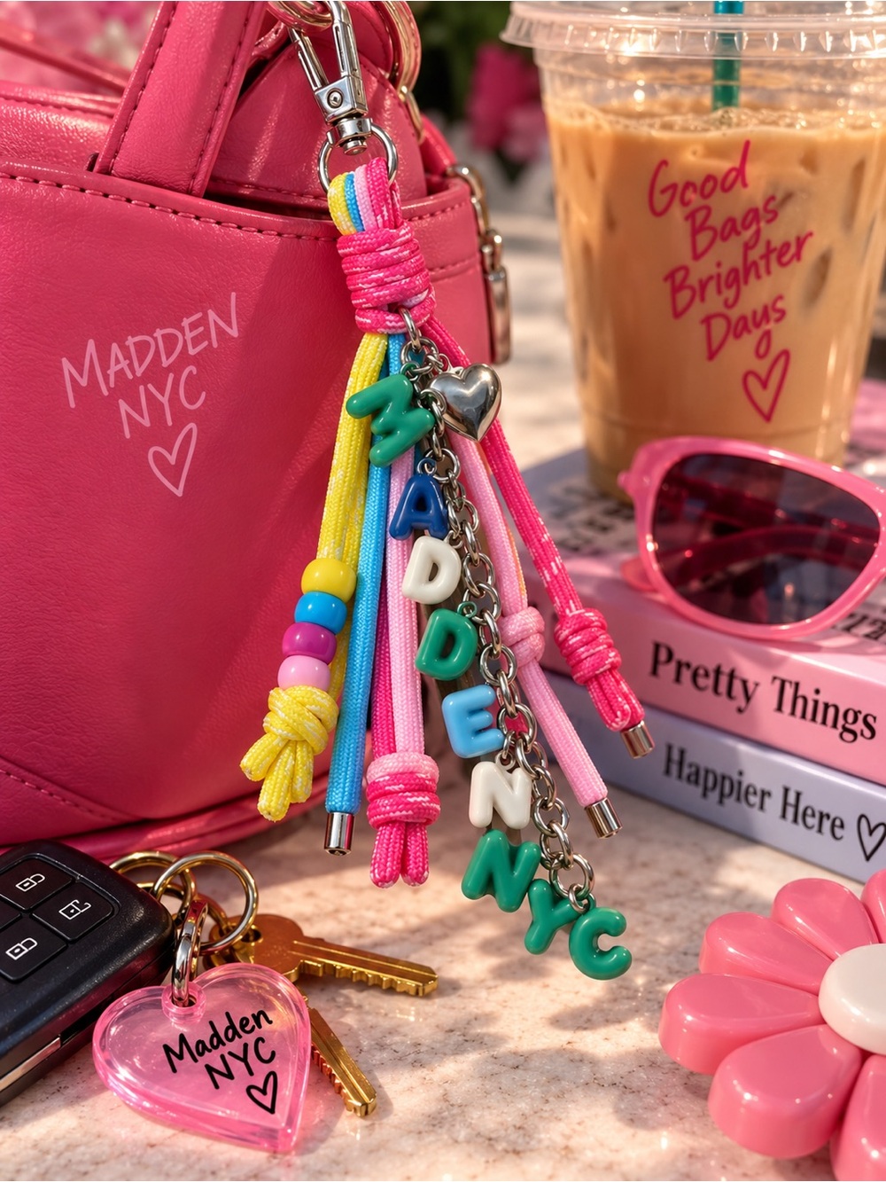 Steve Madden Braided Cord Beaded Tassel Bag Charm Keychain with Heart